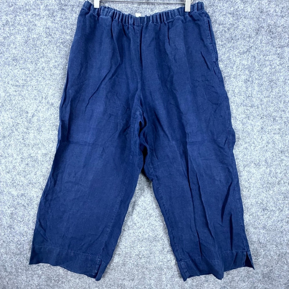 J. Jill Cropped Pants Womens XL Blue Linen Flat Front Wide Leg Pull On Casual